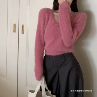 长袖仿貂毛针织打底衫女2025秋冬慵懒风v领软糯毛衣套头短款上衣