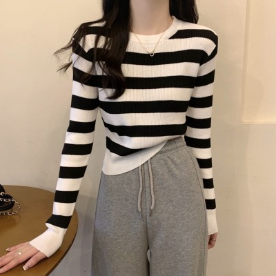 跨境条纹短款长袖针织衫内搭打底衫2024新款时尚简约显瘦百搭上衣