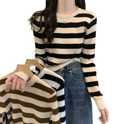 跨境条纹短款长袖针织衫内搭打底衫2024新款时尚简约显瘦百搭上衣图4