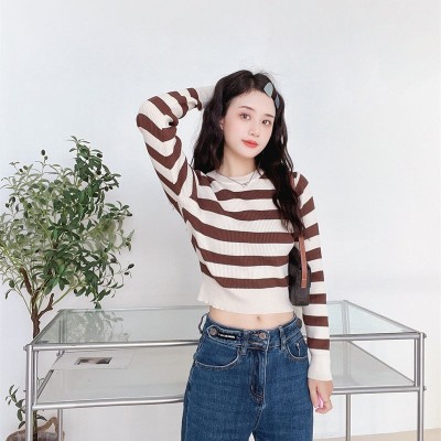 跨境条纹短款长袖针织衫内搭打底衫2024新款时尚简约显瘦百搭上衣图2