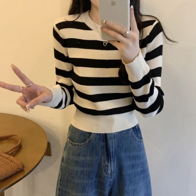 跨境条纹短款长袖针织衫内搭打底衫2024新款时尚简约显瘦百搭上衣图5