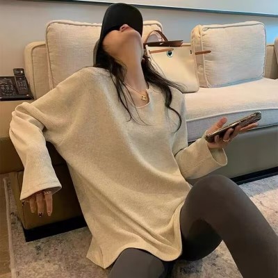 华夫格高品质秋冬新款2023年长袖t恤女宽松大码上衣体恤衫