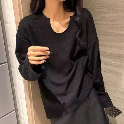 华夫格高品质秋冬新款2023年长袖t恤女宽松大码上衣体恤衫图3