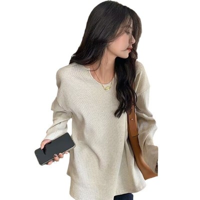 华夫格高品质秋冬新款2023年长袖t恤女宽松大码上衣体恤衫图4