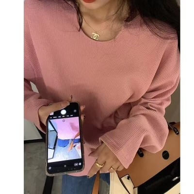 华夫格高品质秋冬新款2023年长袖t恤女宽松大码上衣体恤衫图5