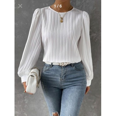 2023欧美新款春季圆领灯笼袖长袖纯色宽松女衬衫图2