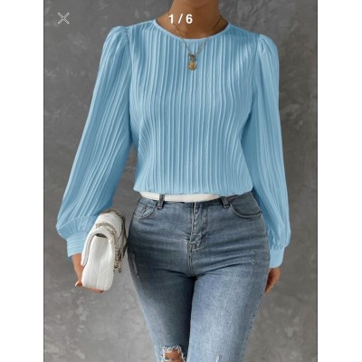 2023欧美新款春季圆领灯笼袖长袖纯色宽松女衬衫