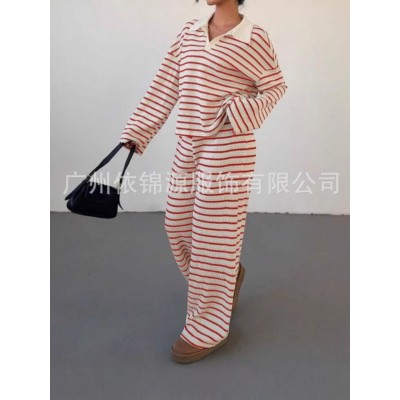 2025跨境欧美秋冬条纹翻领时尚针织宽松长袖上衣休闲长裤套装图3