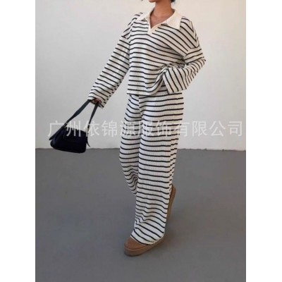 2025跨境欧美秋冬条纹翻领时尚针织宽松长袖上衣休闲长裤套装图2