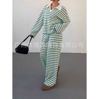 2025跨境欧美秋冬条纹翻领时尚针织宽松长袖上衣休闲长裤套装图4