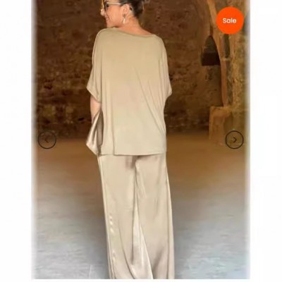 跨境货源欧美亚马逊2024新款套装时尚气质休闲V领短袖阔腿裤套装