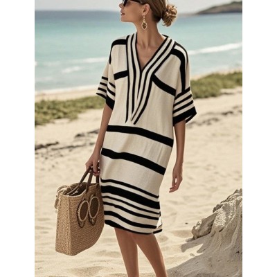 欧美亚马逊独立站数码印花条纹V领连衣裙图2
