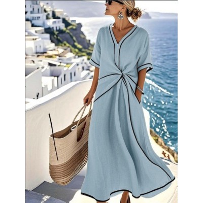 欧美亚马逊V领女士时尚优雅气质通勤女士印花条纹连衣裙印花女士