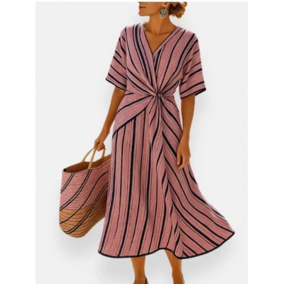 欧美亚马逊V领女士时尚优雅气质通勤女士印花条纹连衣裙印花女士图5