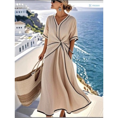 欧美亚马逊V领女士时尚优雅气质通勤女士印花条纹连衣裙印花女士图3