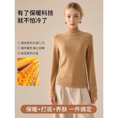 莱赛尔天丝高领打底衫女2025秋冬羊毛蚕丝加绒加厚德绒保暖上衣图2