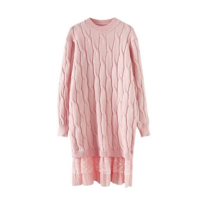 中长款蕾丝拼接毛衣裙女2025秋装新款韩版纯色麻花套头针织衫外穿图4