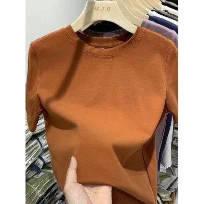 弹力螺纹棉欧货正肩休闲纯色短袖t恤女2024新款修身打底衫上服女