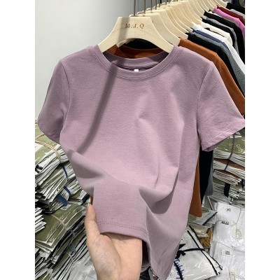 弹力螺纹棉欧货正肩休闲纯色短袖t恤女2024新款修身打底衫上服女图3