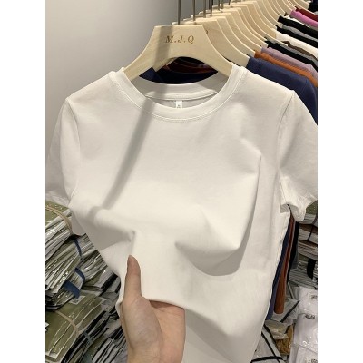 弹力螺纹棉欧货正肩休闲纯色短袖t恤女2024新款修身打底衫上服女图2