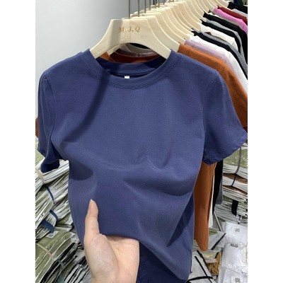弹力螺纹棉欧货正肩休闲纯色短袖t恤女2024新款修身打底衫上服女图4