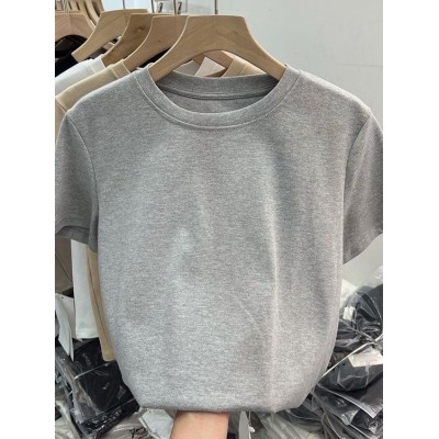 弹力螺纹棉欧货正肩休闲纯色短袖t恤女2024新款修身打底衫上服女图5