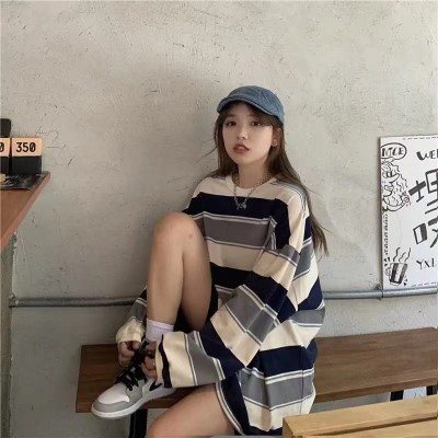 泰国网红t恤女ins彩虹条纹长袖上衣2022年秋装韩版宽松外贸打底衫图2