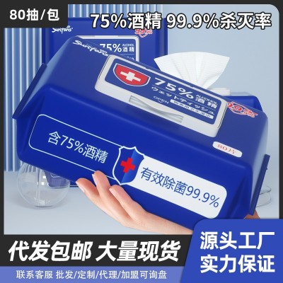 酒精湿巾75度大包一次性酒精消毒湿巾家用清洁杀菌湿纸巾80抽